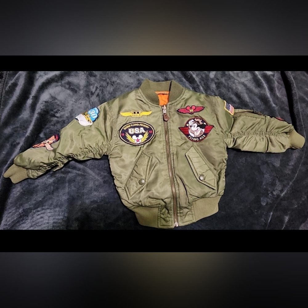 Disneyland Resort Bomber Jacket Green Kids XXSmall Aces Aviator Patches Mickey